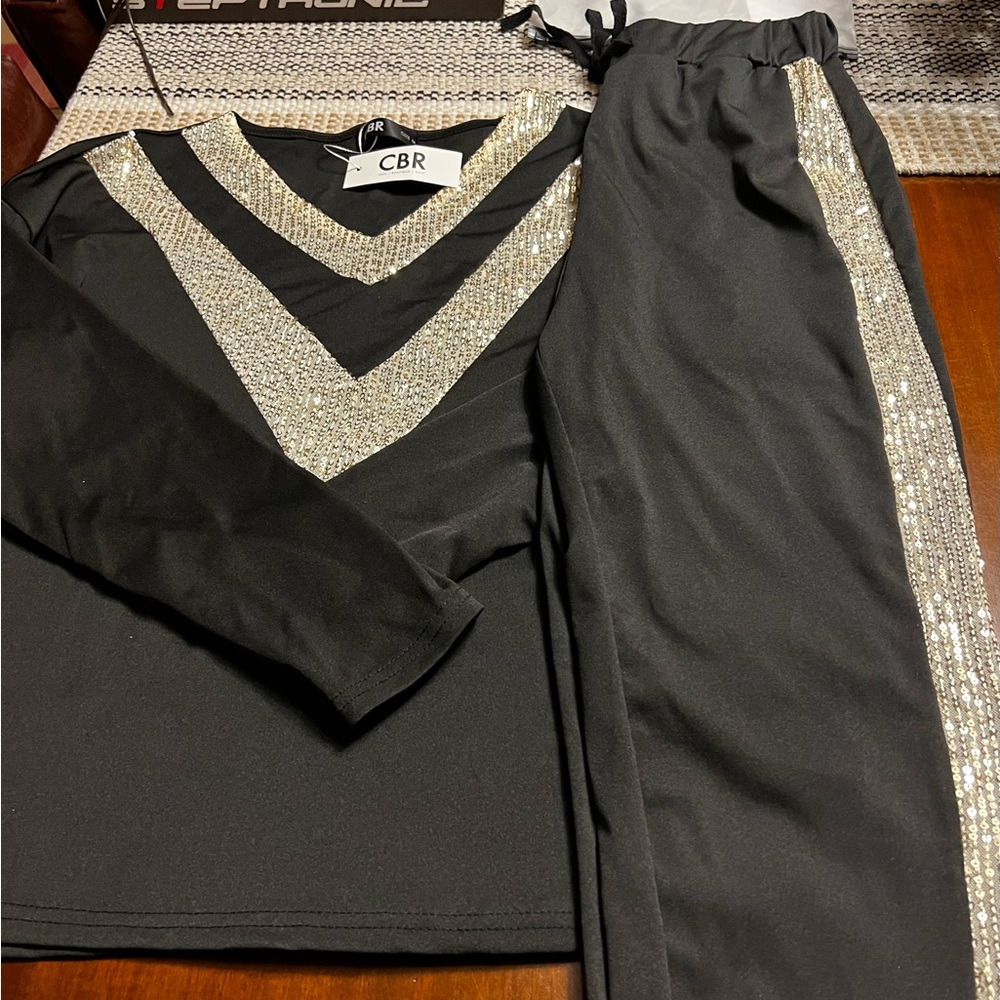 NWT Black Two Piece Pant Set W/ Gold Sequins